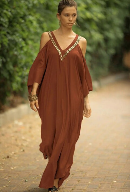 Vestido Longo Ciganinha Bordado Solto Túnica Plus Size decote v ombros a mostra kaftan viscose verde vinho terracota