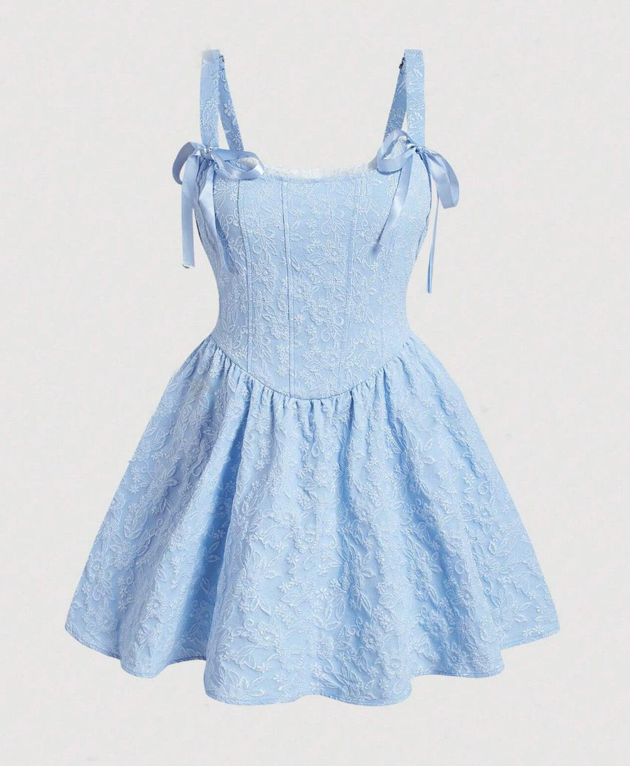 Vestido de Festa Princesa Jacquard Laços Alça Fina corset vintage retrô azul claro