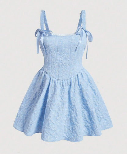 Vestido de Festa Princesa Jacquard Laços Alça Fina corset vintage retrô azul claro