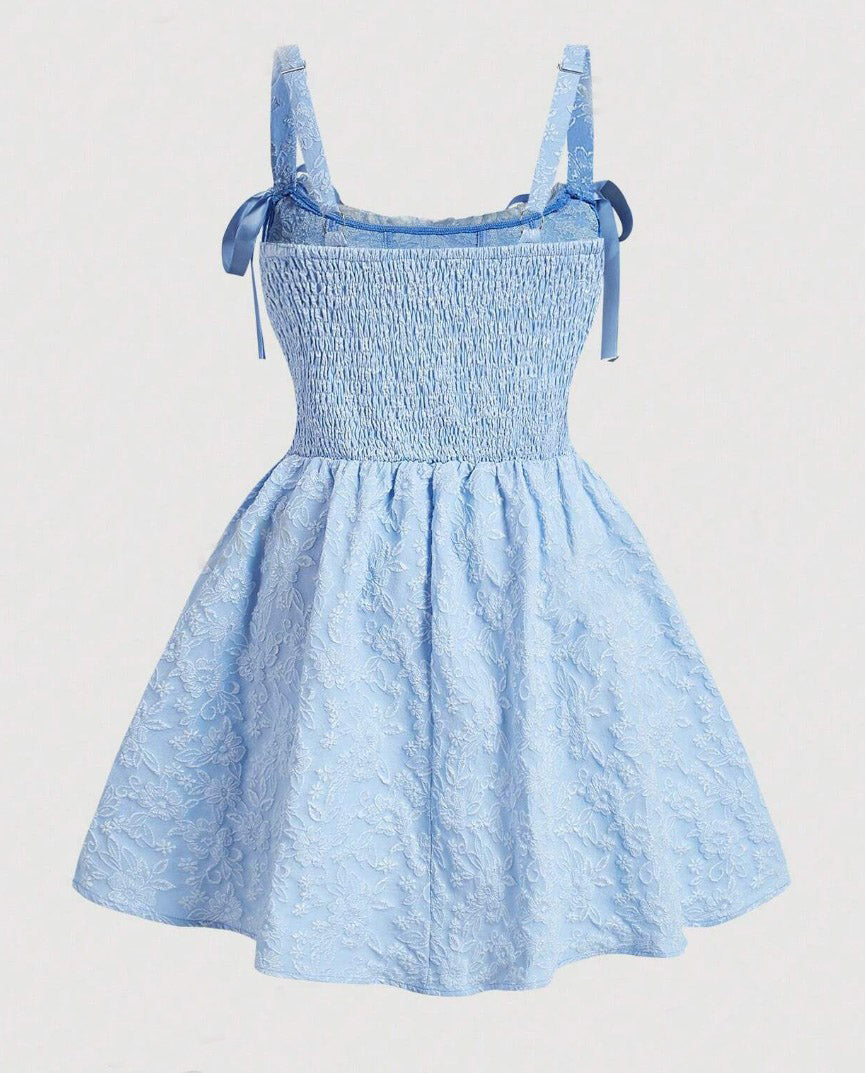 Vestido de Festa Princesa Jacquard Laços Alça Fina corset vintage retrô azul claro
