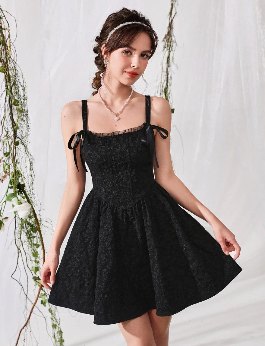 Vestido de Festa Princesa Jacquard Laços Alça Fina corset vintage gótico preto