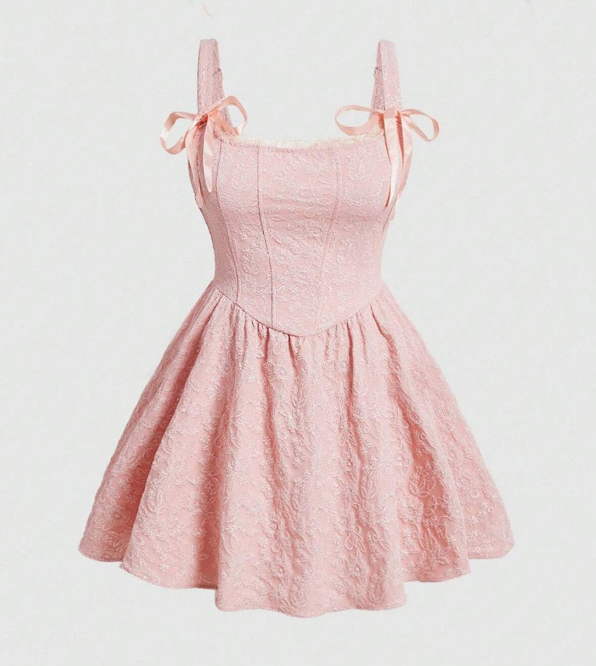 Vestido de Festa Princesa Jacquard Laços Alça Fina corset vintage retrô rosa claro