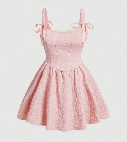 Vestido de Festa Princesa Jacquard Laços Alça Fina corset vintage retrô rosa claro