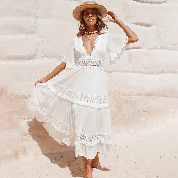 Vestido Boho Chic Midi Branco Rendas detalhes transparências casamento na praia