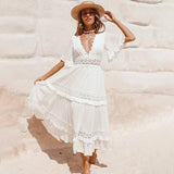 Vestido Boho Chic Midi Branco Rendas detalhes transparências casamento na praia