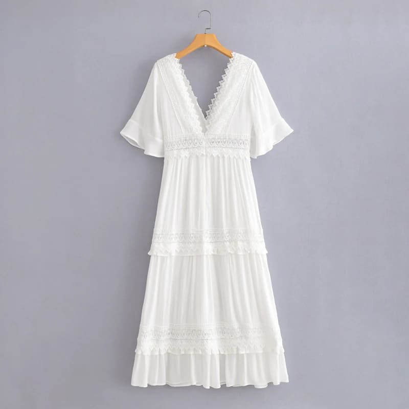 Vestido Boho Chic Midi Branco Rendas detalhes transparências casamento na praia