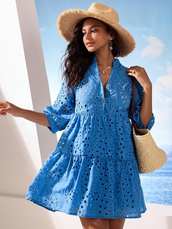 Vestido de Lese Boho chic Chemise Manga 3/4 leve casual soltinho meia-estação azul