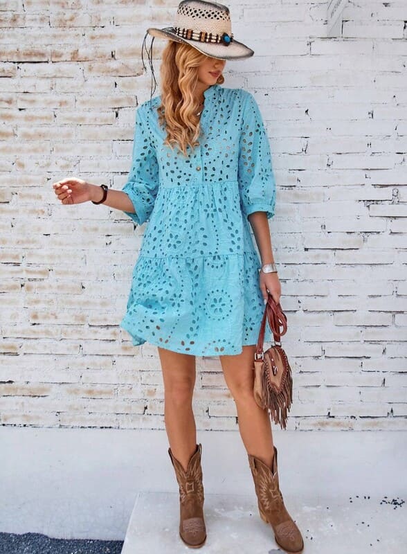 Vestido de Lese Boho chic Chemise Manga 3/4 leve casual soltinho meia-estação azul claro céu
