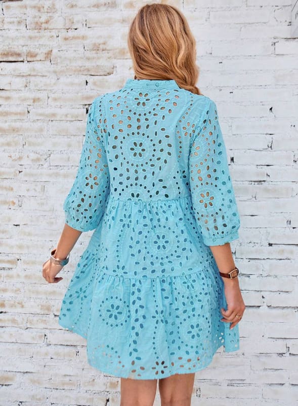 Vestido de Lese Boho chic Chemise Manga 3/4 leve casual soltinho meia-estação azul bebê