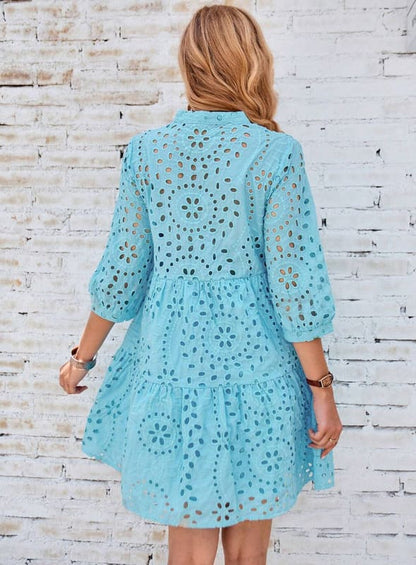 Vestido de Lese Boho chic Chemise Manga 3/4 leve casual soltinho meia-estação azul bebê