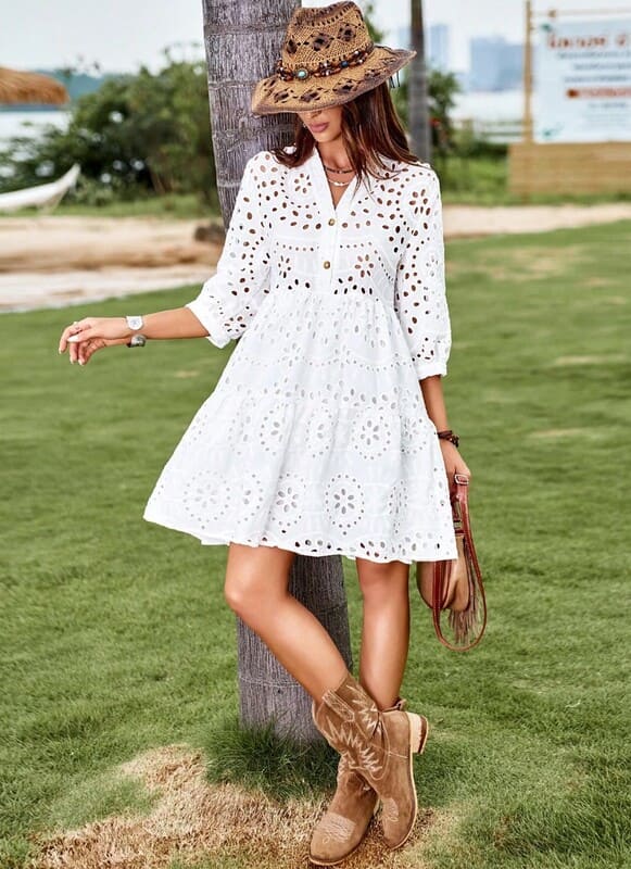 Vestido de Lese Boho chic Chemise Manga 3/4 leve casual soltinho meia-estação branco