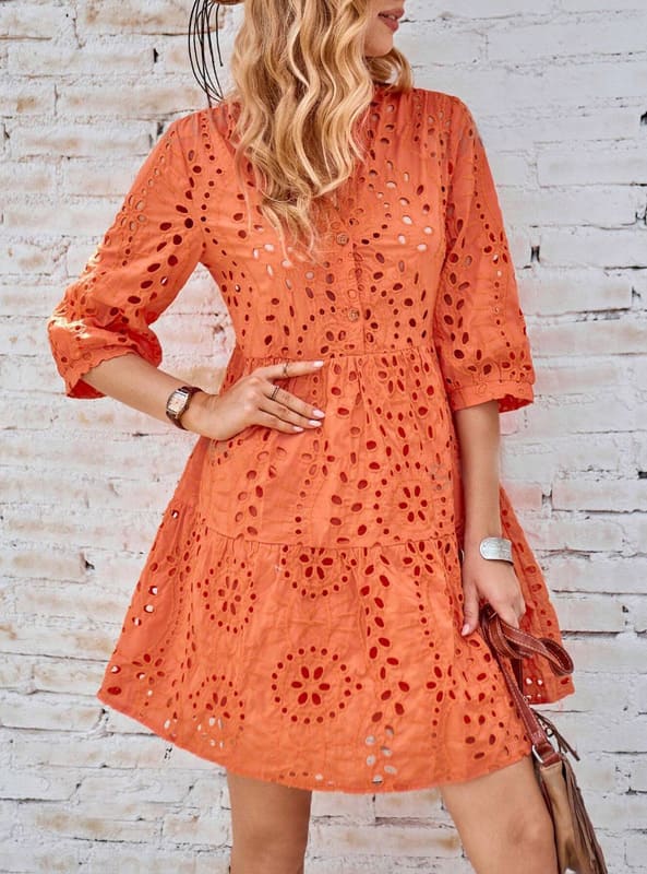 Vestido de Lese Boho chic Chemise Manga 3/4 leve casual soltinho meia-estação laranja 