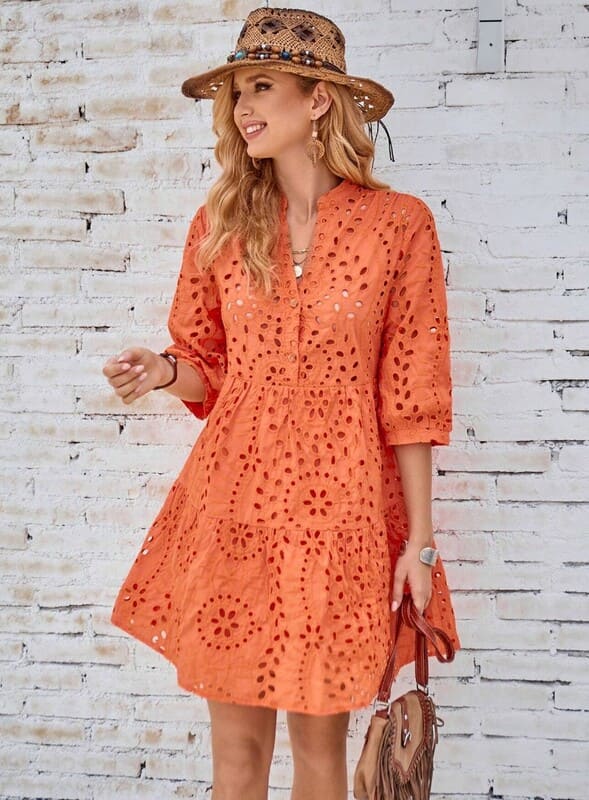 Vestido de Lese Boho chic Chemise Manga 3/4 leve casual soltinho meia-estação laranja 