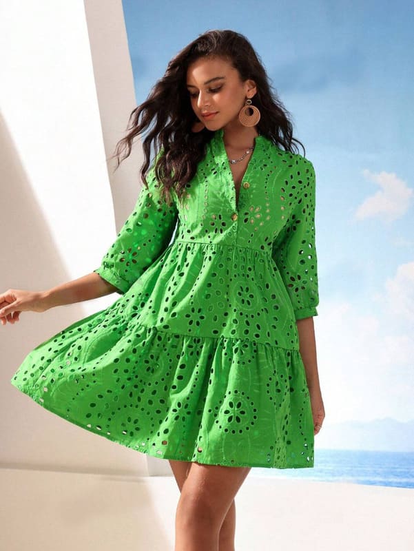 Vestido de Lese Boho chic Chemise Manga 3/4 leve casual soltinho meia-estação verde