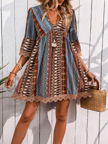 Vestido Western Boho Estampado Curto Manga 3/4 marrom azul étnico hippy