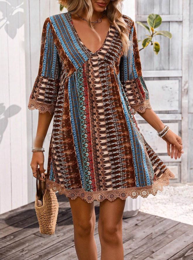 Vestido Boho Estampado Curto Manga 3/4 marrom azul étnico hippy