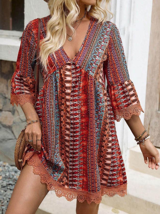 Vestido Western Boho Estampado Curto Manga 3/4 vermelho étnico hippy