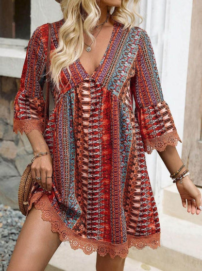 Vestido Western Boho Estampado Curto Manga 3/4 vermelho étnico hippy
