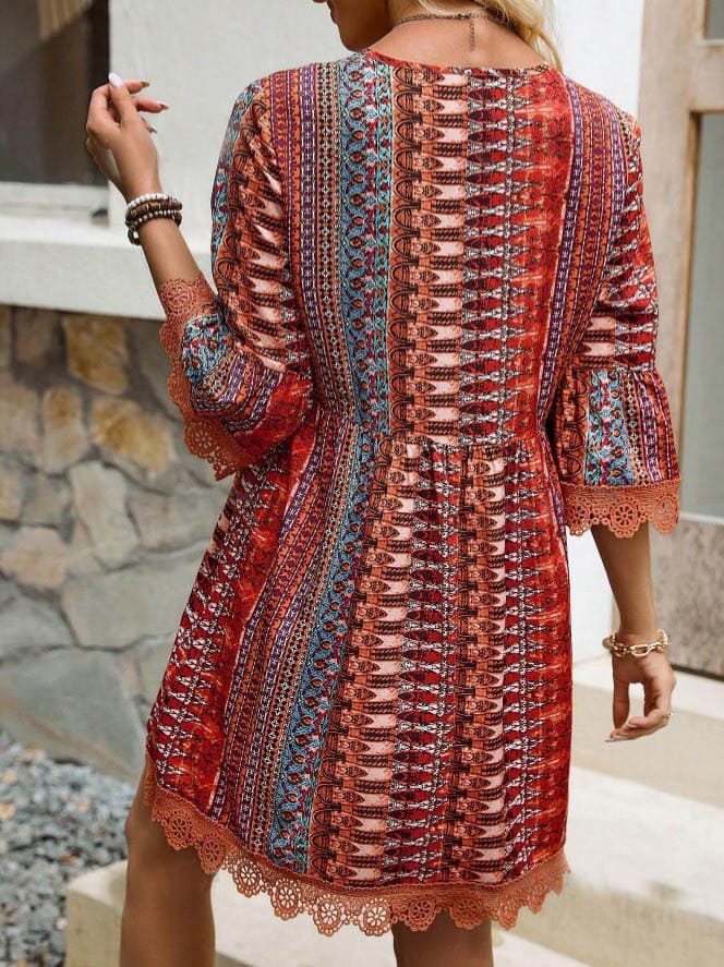 Vestido Western Boho Estampado Curto Manga 3/4 vermelho étnico hippy