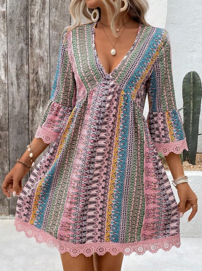 Vestido Western Boho Estampado Curto Manga 3/4 rosa  étnico hippy