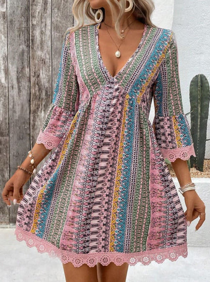 Vestido Western Boho Estampado Curto Manga 3/4 rosa  étnico hippy