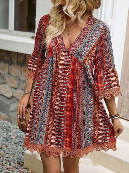Vestido Western Boho Estampado Curto Manga 3/4 vermelho étnico hippy