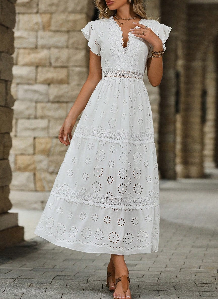 Vestido Midi Boho de Lese Manga Curta branco moda evangelica casual leve algodão