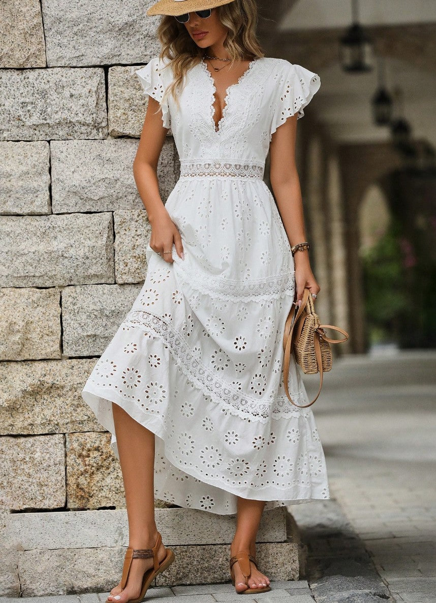 Vestido Midi Boho de Lese Manga Curta branco moda evangelica casual leve algodão