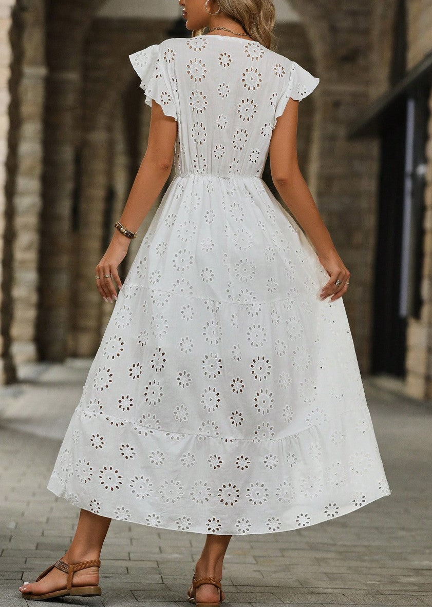 Vestido Midi Boho de Lese Manga Curta branco moda evangelica casual leve algodão