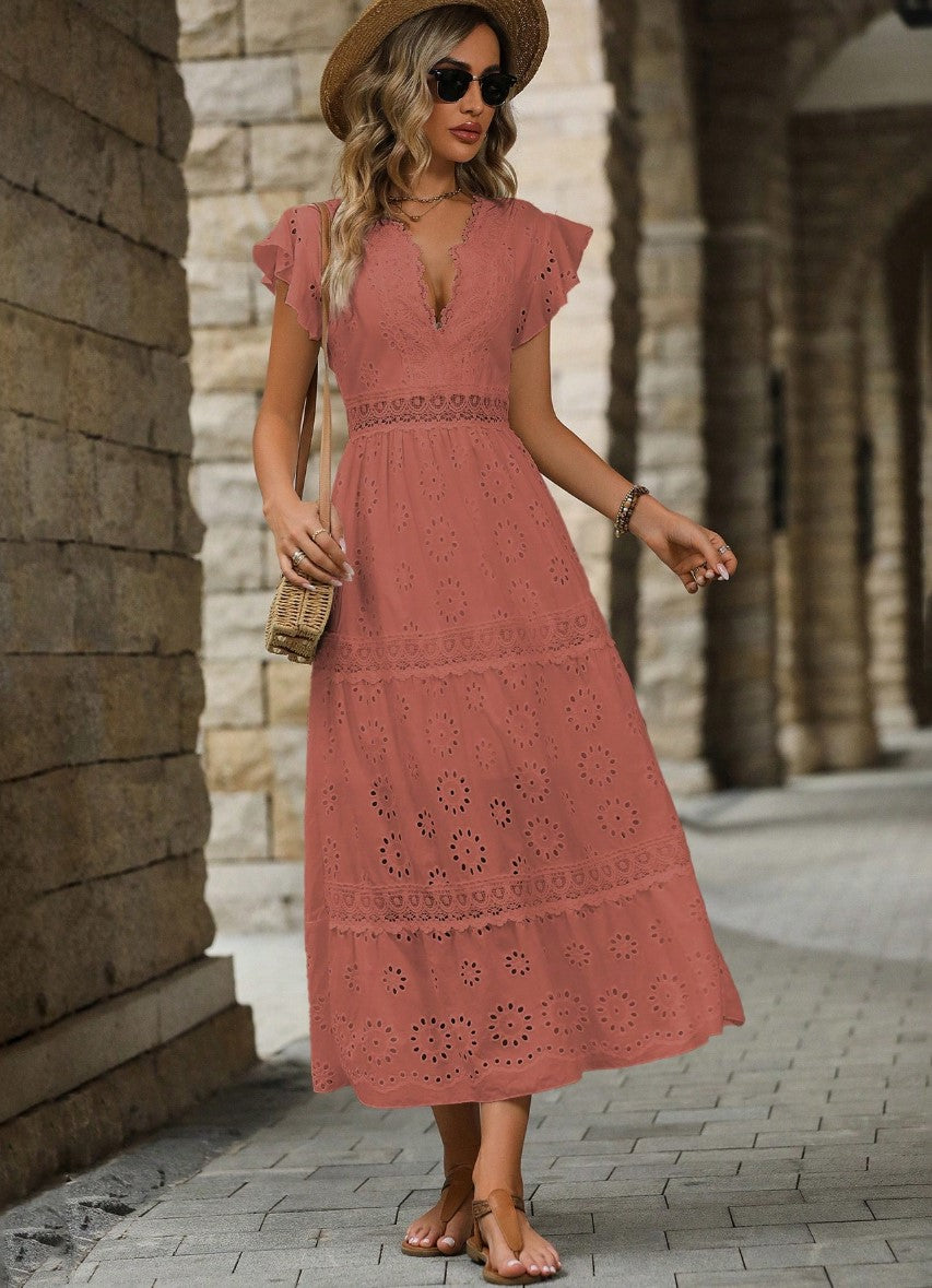 Vestido Midi Boho de Lese Manga Curta rosa envelhecido  moda evangelica casual leve algodão