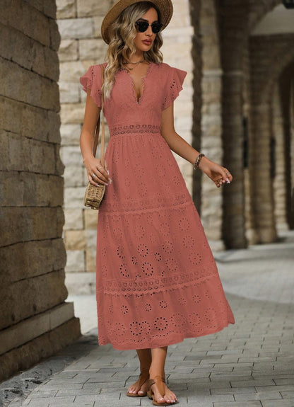 Vestido Midi Boho de Lese Manga Curta rosa envelhecido  moda evangelica casual leve algodão