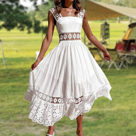 Vestido de Festa c/Renda Floral Midi Branco Algodão Boho Chic noiva