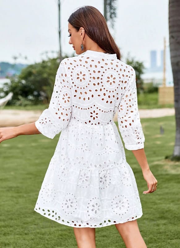 Vestido de Lese Boho chic Chemise Manga 3/4 leve casual soltinho meia-estação branco