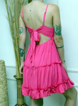 Vestido com Renda rosa pink barbiecore Alça Fina Laço nas Costas nuas