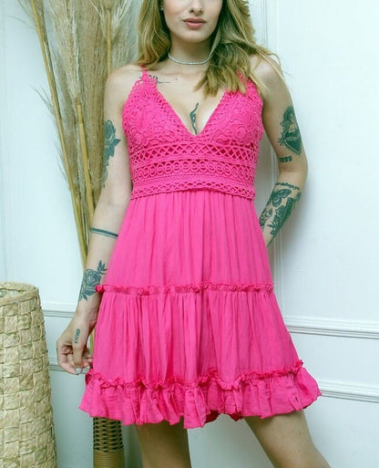 Vestido com Renda rosa barbiecore Alça Fina Laço nas Costas