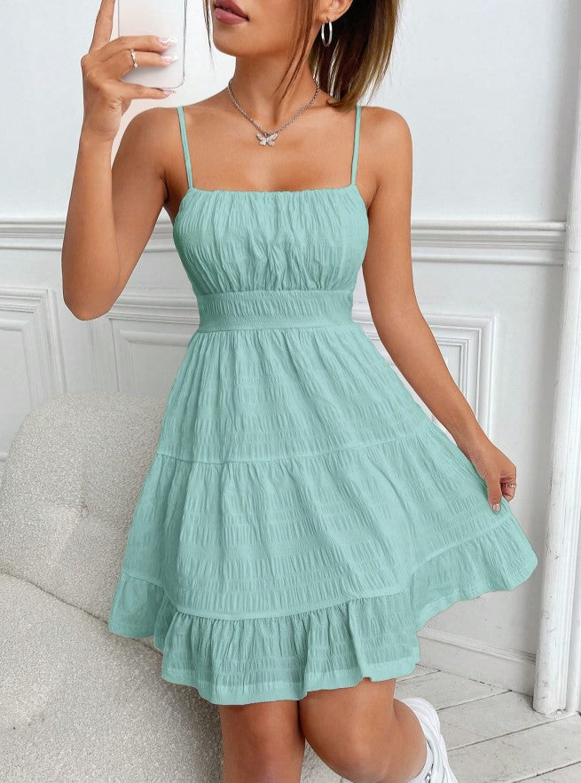Vestido de Verão Curto Casual Alcinha verde água rodado