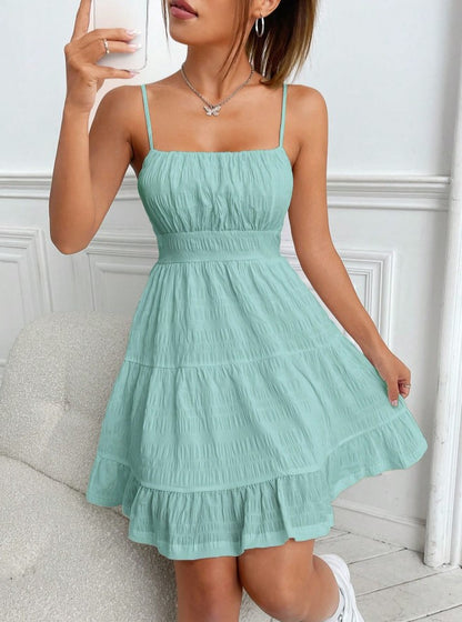 Vestido de Verão Curto Casual Alcinha verde água rodado