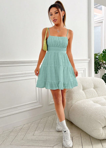 Vestido de Verão Curto Casual Alcinha verde água rodado