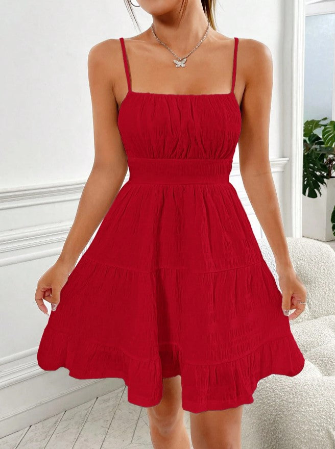 Vestido de Verão Curto Casual Alcinha vermelho rodado