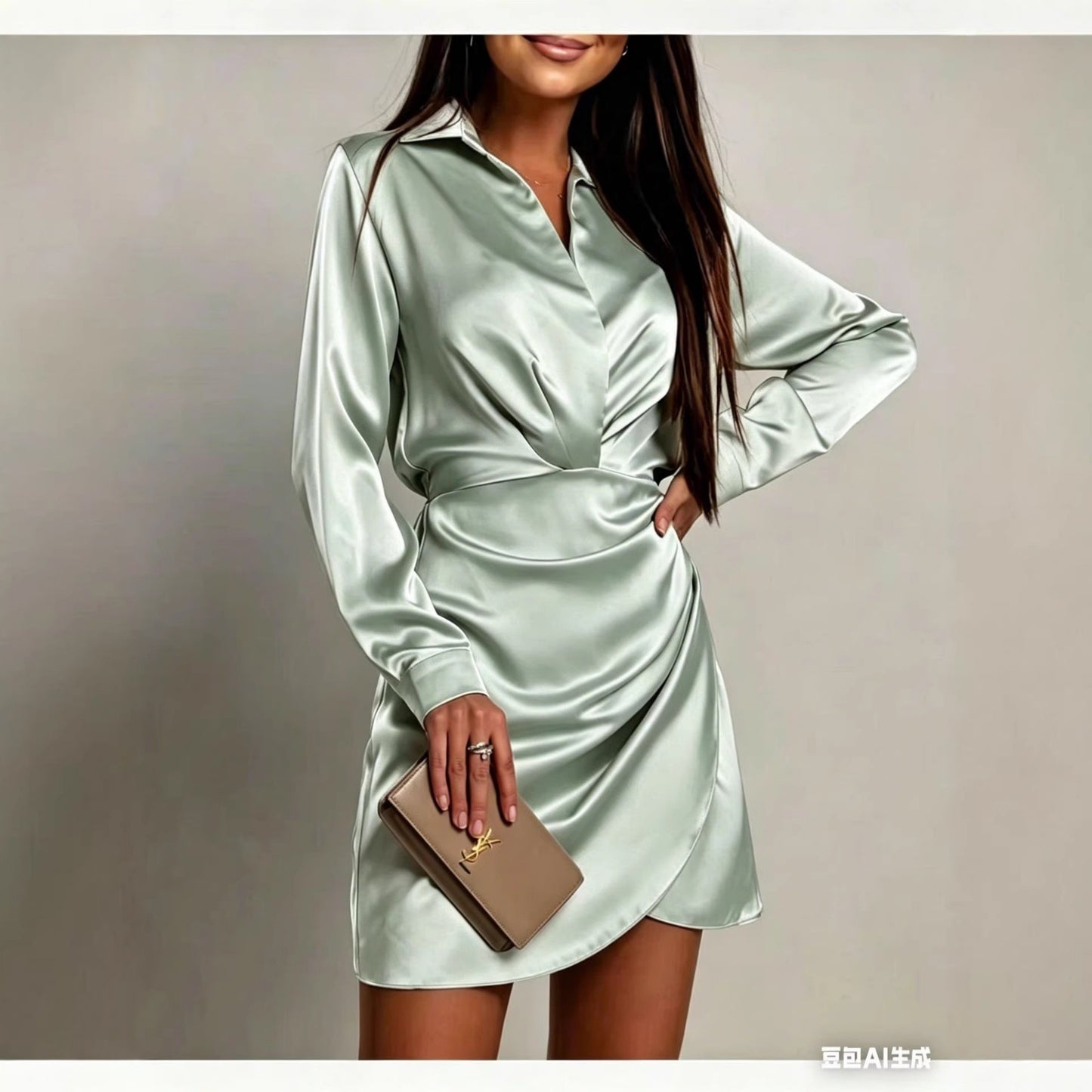 Vestido de Festa Curto Social Drapeado Cetim Manga longa verde claro menta