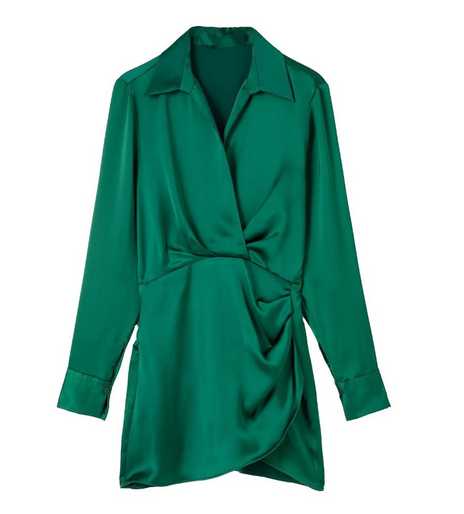 Vestido de Festa Curto Social Drapeado Cetim Manga longa verde