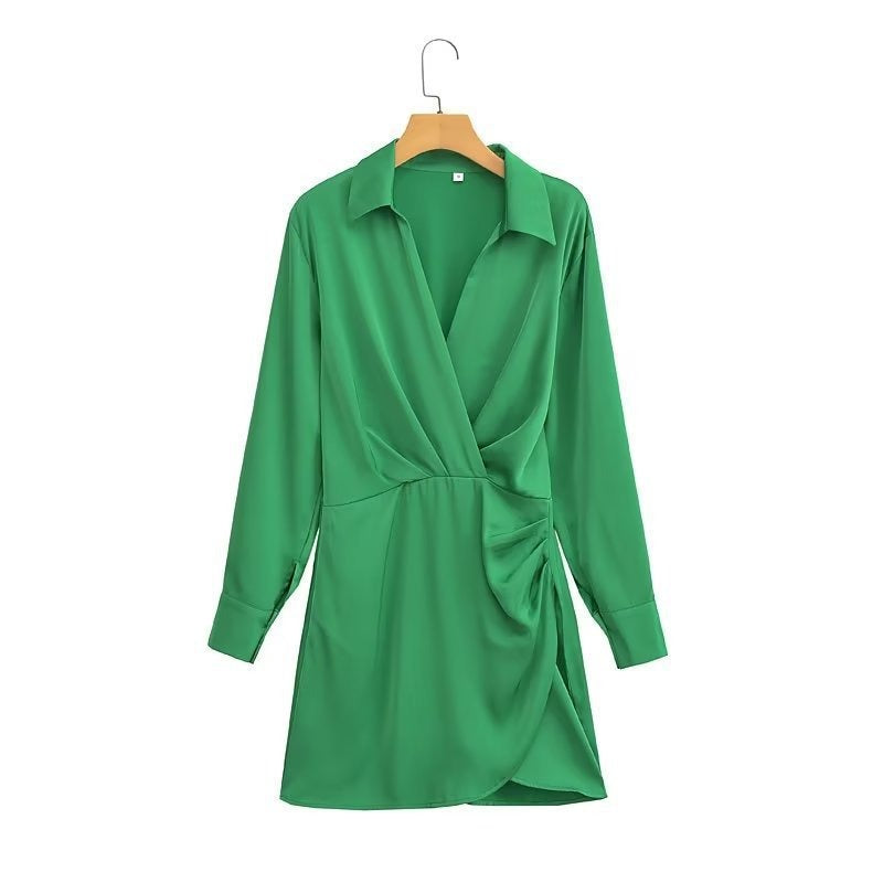 Vestido de Festa Curto Social Drapeado Cetim Manga longa verde bandeira