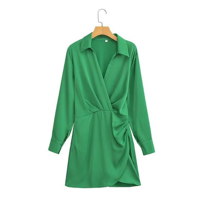 Vestido de Festa Curto Social Drapeado Cetim Manga longa verde bandeira