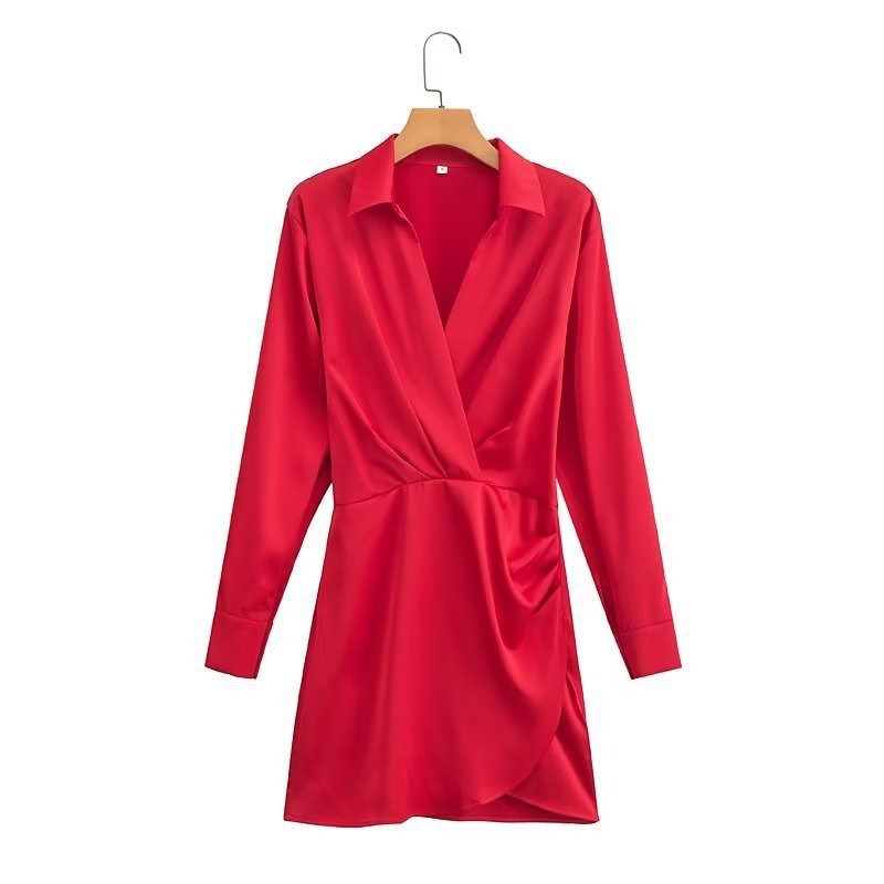 Vestido de Festa Curto Social Drapeado Cetim Manga longa vermelho