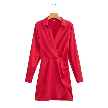 Vestido de Festa Curto Social Drapeado Cetim Manga longa vermelho