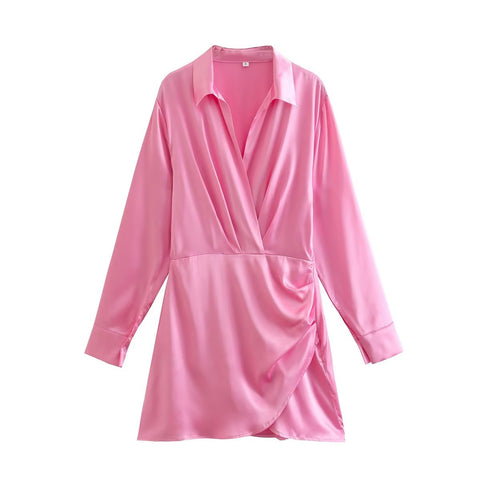 vestido de festa curto social manga longa cetim rosa
