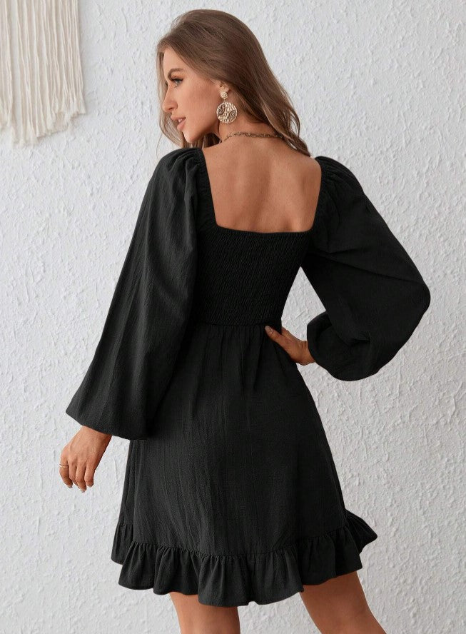 Vestido de Festa Boho chic Curto de Manga longa princesa acinturado preto