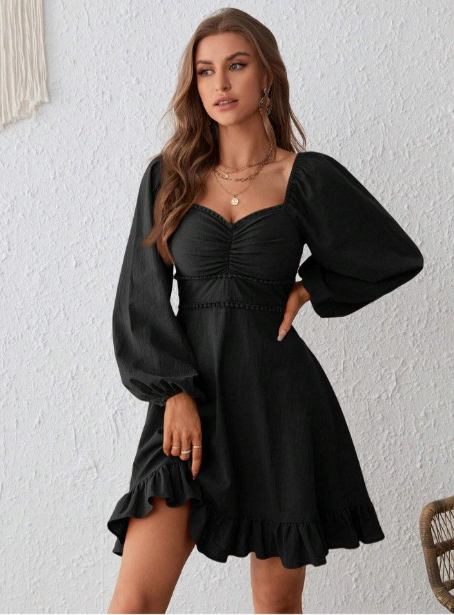 Vestido de Festa Boho chic Curto de Manga longa princesa acinturado preto