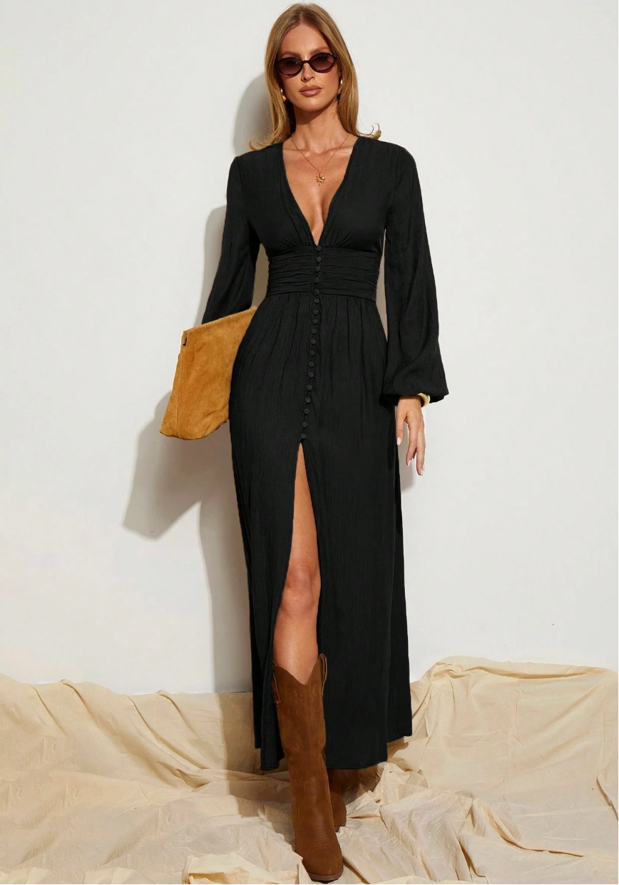 Vestido Longo Boho Chemise Decote de Manga