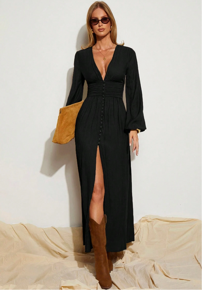 Vestido Longo Boho Chemise Decote de Manga